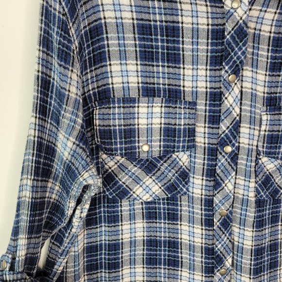 Kut from the Kloth Snap Front Shirt Top XXL Blue White Plaid Long Sleeve Collar - Picture 3 of 10